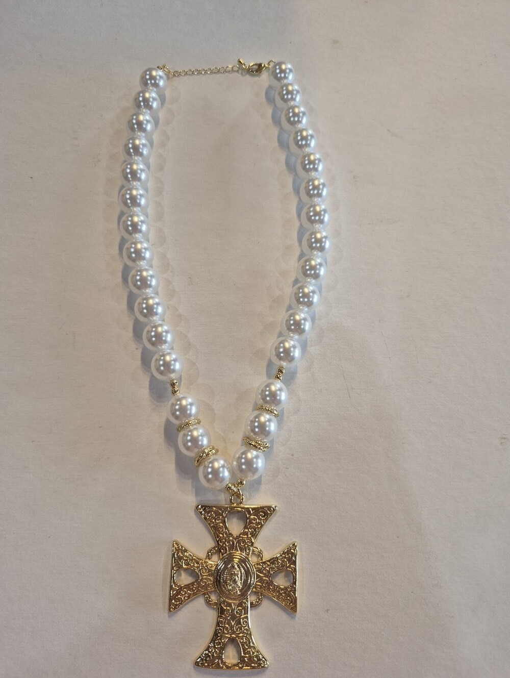 Faux Pearl And Gold -Tone Cross Pendant Necklace, 20"